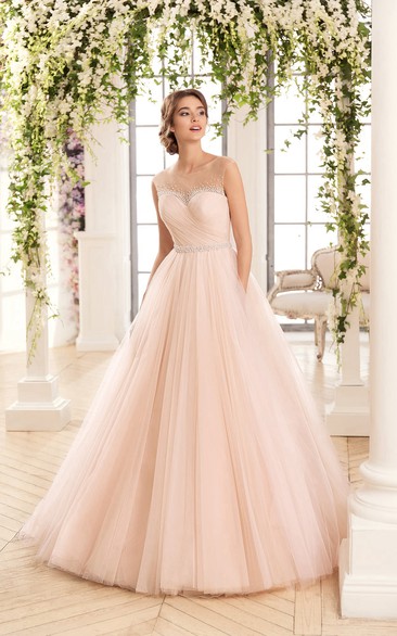 Ball Gown Floor-Length Scoop Sleeveless Keyhole Tulle Dress With Criss Cross And Beading