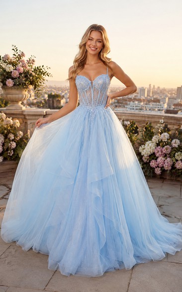 Sky Blue Tulle Ball Gown Prom Dress with Sweetheart Bodice and Full Skirt