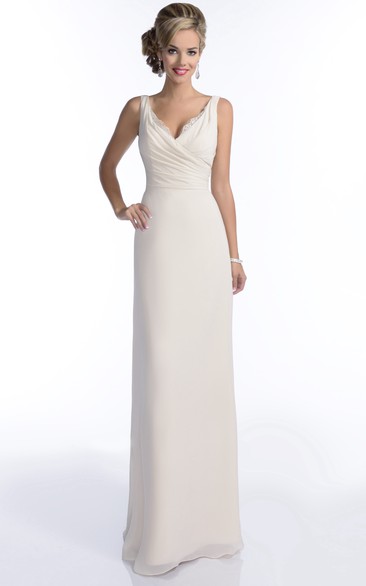 Crisscross V-Neck Sleeveless A-Line Chiffon Bridesmaid Dress Featuring Lace Trim