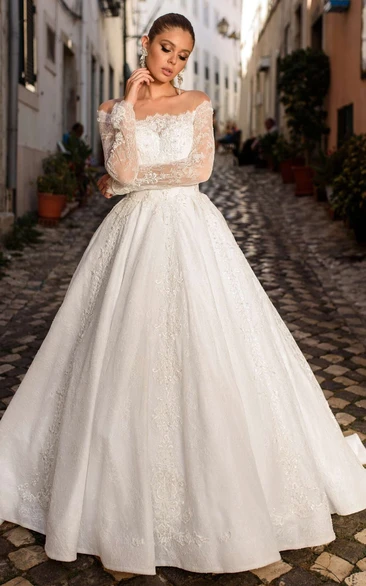 Romantic Lace Off-the-shoulder Long Sleeve Appliques Wedding Dress With Button
