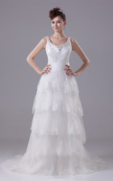 Strapped Tiered A-Line Rhinestone and Dress With Lace