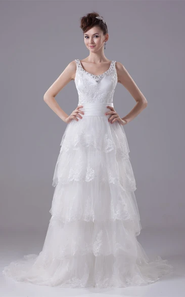 Strapped Tiered A-Line Rhinestone and Dress With Lace