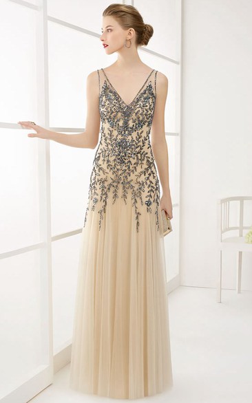 V Neck V Back A-Line Tulle Long Prom Dress With Crystal-Leaf Top