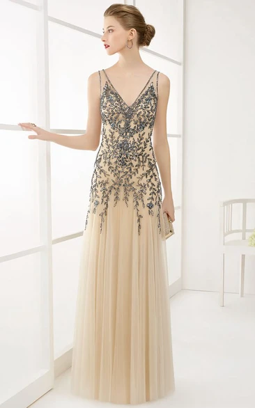 V Neck V Back A-Line Tulle Long Prom Dress With Crystal-Leaf Top