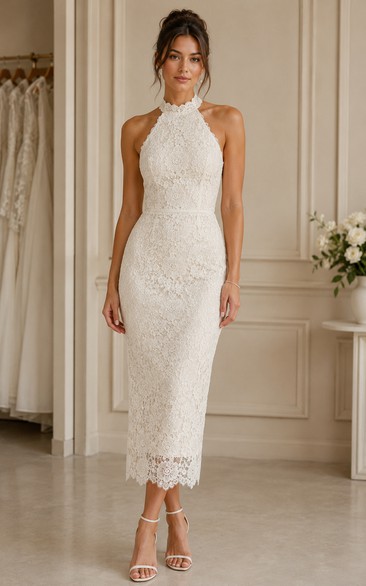 Ivory Knee-length Halter Lace Sheath Wedding Dress with Lace