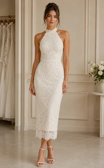 Ivory Knee-length Halter Lace Sheath Wedding Dress with Lace