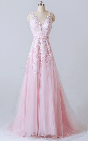 A-line V-neck Tulle And Lace Dress With Appliques And Low V back