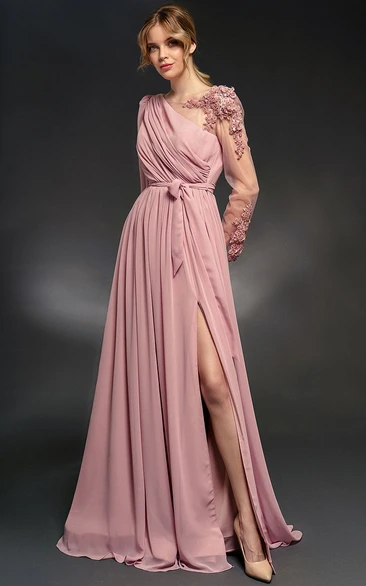 Asymmetrical Illussion Long Sleeve Chiffon Front Split Dress with Applique