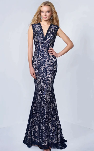 Sheath Floor-Length V-Neck Sleeveless Lace Keyhole Dress With Pleats