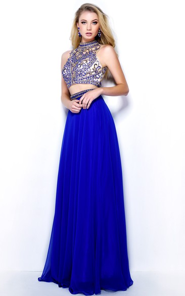A-Line Long High Neck Sleeveless Chiffon Keyhole Dress With Beading And Pleats