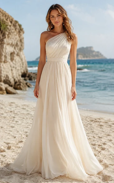 One Shoulder Simple A-Line Wedding Dress with Pleated Chiffon Skirt and Train