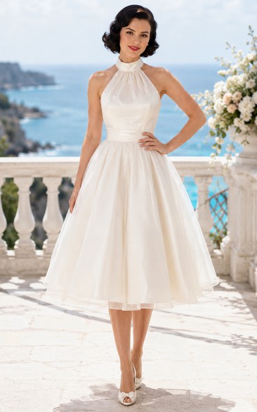 Robe de mariée dos nu en satin, longueur thé, jupe ample en forme de A