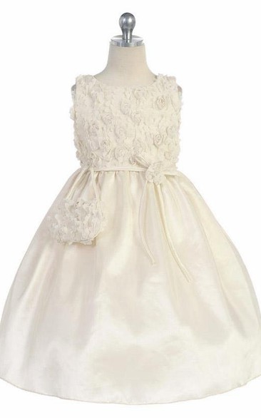Midi Bowed Embroideried Tulle&Taffeta Flower Girl Dress With Split