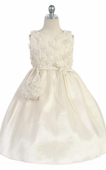Midi Bowed Embroideried Tulle&Taffeta Flower Girl Dress With Split