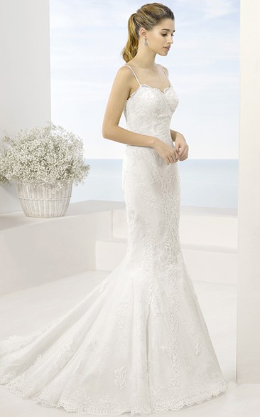 Mermaid Appliqued Floor-Length Sleeveless Spaghetti Lace Wedding Dress With Court Train And Illusion Back