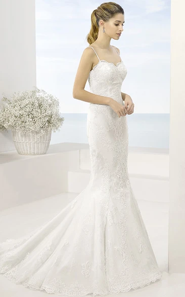Mermaid Appliqued Floor-Length Sleeveless Spaghetti Lace Wedding Dress With Court Train And Illusion Back