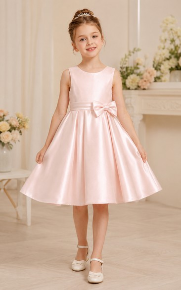 Blushing Pink Knee-Length A-Line Satin Flower Girl Dress with Bow Sash