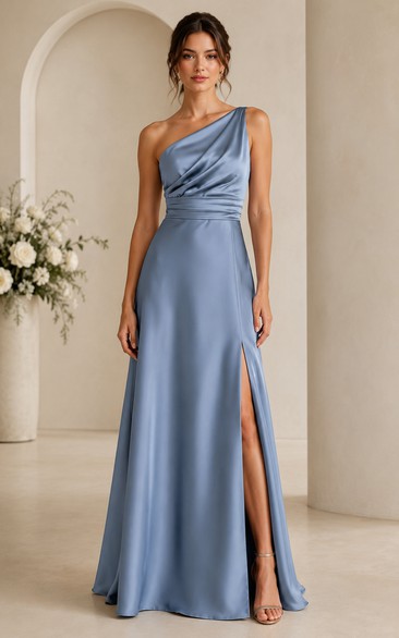 Steel Blue Satin One-Shoulder A-Line Bridesmaid Dress