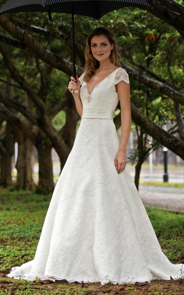 A-Line V-Neck Cap-Sleeve Long Lace Wedding Dress With Beading And Court Train