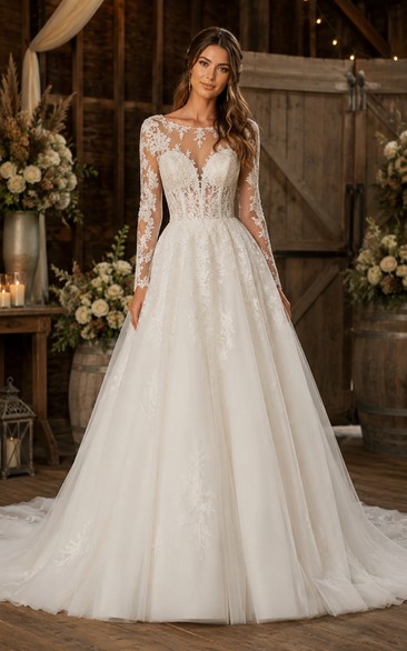 Long Sleeve Ball Gown Lace Country Wedding Dress with Illusion Back and Train