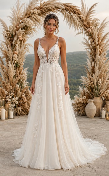 Sexy A-Line Wedding Dress Sleeveless V-Neck Tulle Lace Applique Floor Length Chapel Train Ivory