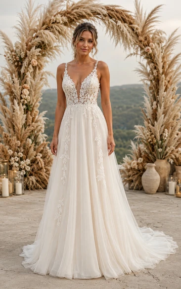 Sexy A-Line Wedding Dress Sleeveless V-Neck Tulle Lace Applique Floor Length Chapel Train Ivory