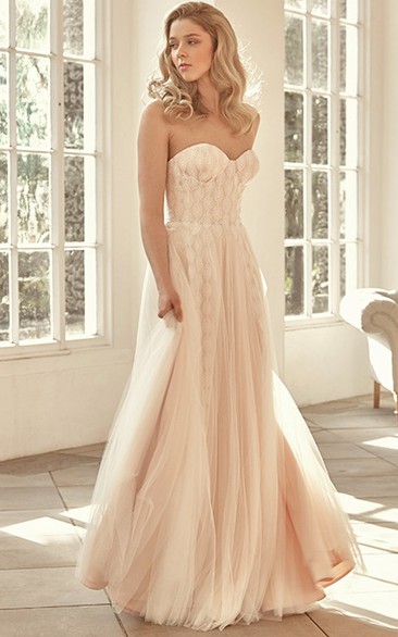 Sweetheart Long Beaded Tulle Wedding Dress With Sweep Train And V Back