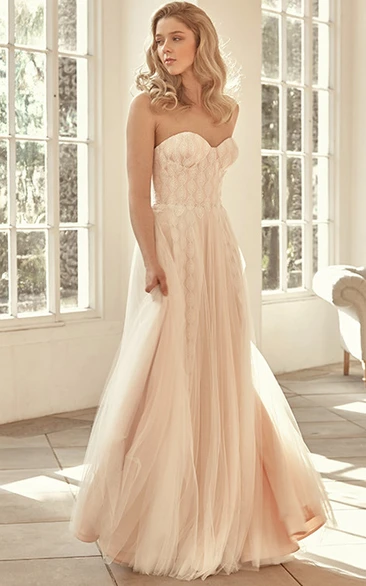 Sweetheart Long Beaded Tulle Wedding Dress With Sweep Train And V Back