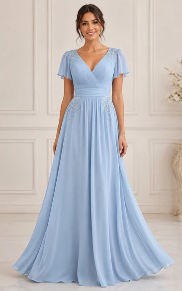 A-Line Mother of the Bride Dress with V-neck, Short Sleeve and Pleats, Floor Length