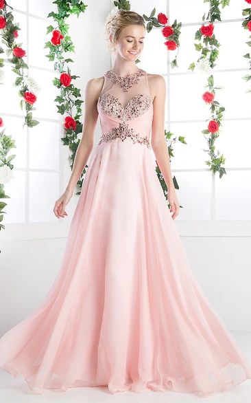 A-Line Jewel-Neck Sleeveless Chiffon Illusion Dress With Ruching And Beading