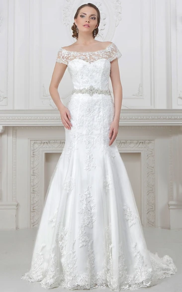 Mermaid Off-The-Shoulder Floor-Length Appliqued Lace Wedding Dress With Waist Jewellery