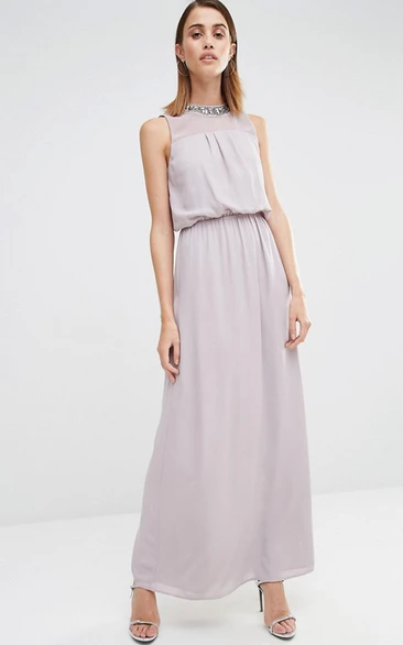 Ankle-Length Sheath Sleeveless Jewel Neck Chiffon Bridesmaid Dress