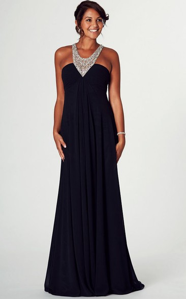 Beaded Sleeveless V-Neck Empire Chiffon Prom Dress