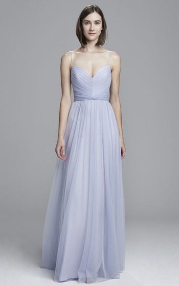 Floor-Length Spaghetti Tulle Bridesmaid Dress With Pleats And V Back
