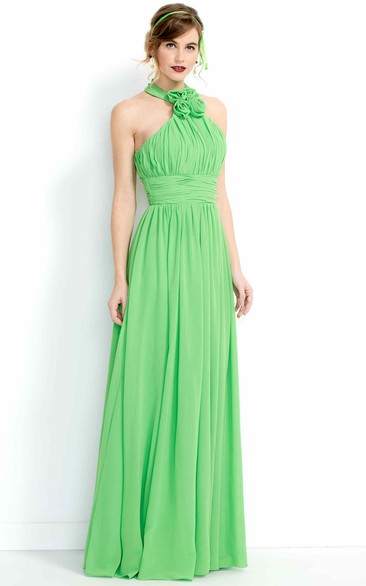 Floral Sleeveless High-Neck Long Chiffon Bridesmaid Dress With Ruching