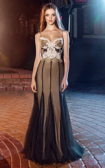 Sheath Long Spaghetti Sleeveless Tulle Jersey Dress With Appliques