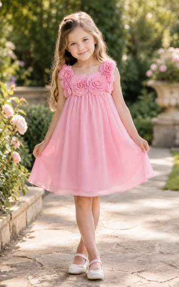 Knielanges, ärmelloses Chiffon-Blumenmädchenkleid
