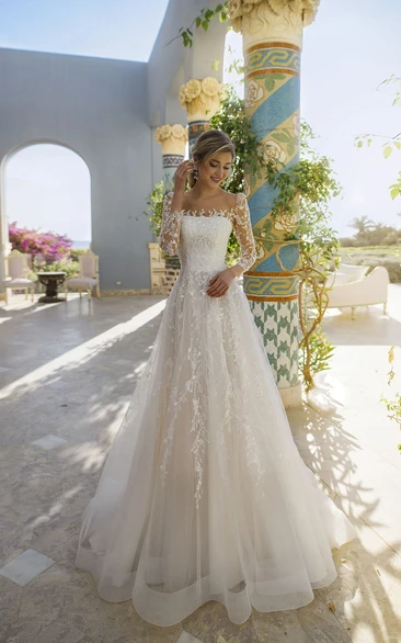 Ball Gown Bateau 3/4 Length Sleeve Court Train Tulle Wedding Dress with Appliques and Illusion