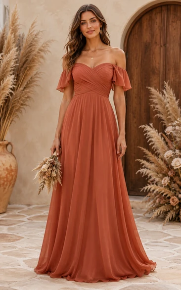 Papaya Chiffon Off-the-shoulder A-Line Bridesmaid Dress