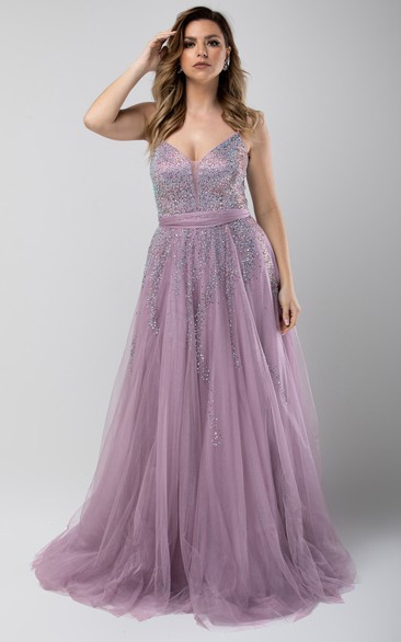 Modern Floor-length Sleeveless Tulle A Line Corset Back Prom Dress with Beading