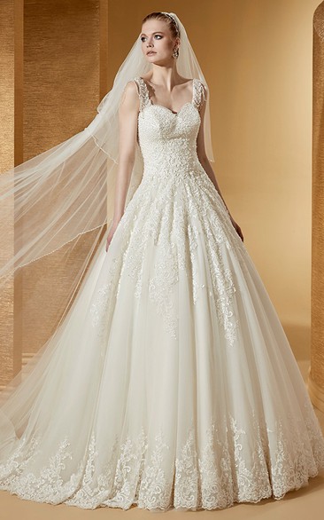 Angel Square-Neck A-Line Lace Ball Gown With V Back And Brush Train