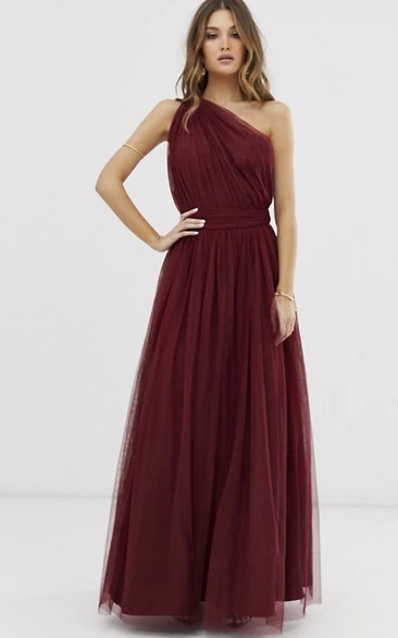 Burgundy Tulle One Shoulder And Open Back Bridesmaid Dress With Ruching