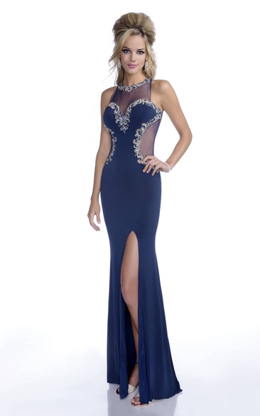 Side Slit Jersey Mermaid Sleeveless Prom Dress With Jeweled Lace Trim