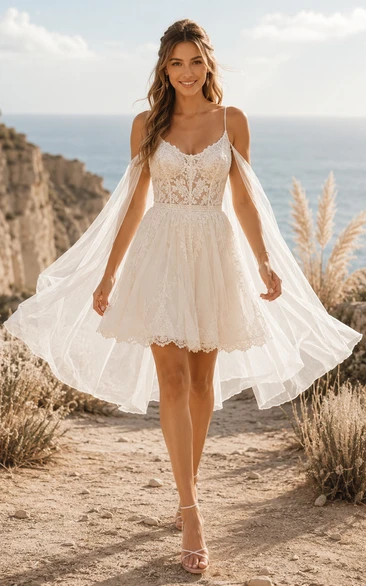 Spaghetti Strap Short Tulle Wedding Dress with Lace Bodice and Sheer Cape Panels