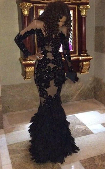 Sexy Black Mermaid Prom Dresses Long Sleeve Tulle Appliques