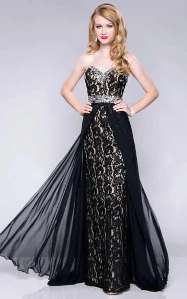 Sweetheart Lace Column Long Prom Dress With Chiffon Overlay Skirt