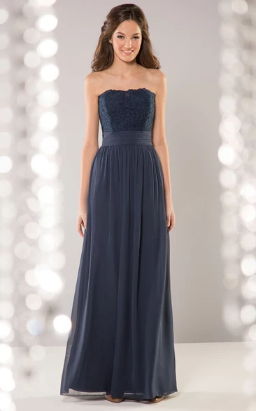 Strapless A-Line Floor-Length Bridesmaid Dress With Pleats And Lace Bodice