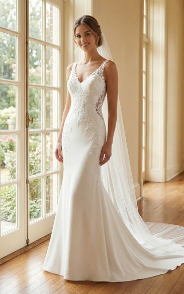 Lace Mermaid Wedding Dress with V-Neck Straps Chapel Train and Appliques