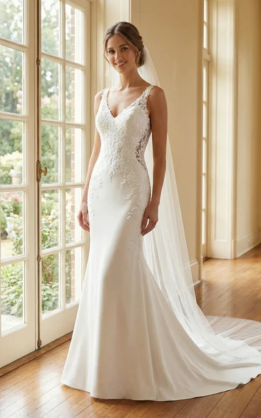 Lace Mermaid Wedding Dress with V-Neck Straps Chapel Train and Appliques