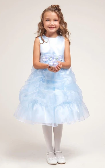Tea-Length Floral Ruched Floral Organza&Satin Flower Girl Dress With Sash